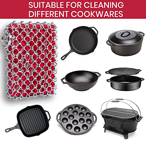 316L Cast Iron Scrubber Kit + Pan Scraper, Silicone Sponge, Dishwasher Safe | Cast Iron Chainmail Scrubber - Skillet Cleaner Scrubber - Cast Pan Scrubber Cleaner - Chainmail Chain Scrubber - style: Red CIS with Scraper