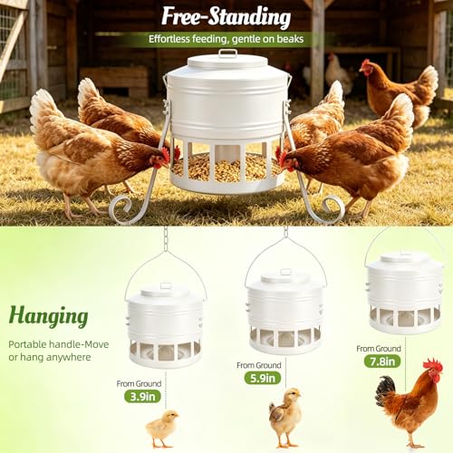Metal Chicken Feeder, 20Lbs Large No Waste Chicken Feeder with 12 Ports, Heavy Duty Poultry Feeder with Lid & Handle, Rat Proof Rust Proof Feed Box for Chickens Ducks Geese Backyard Farm (White) - color: White