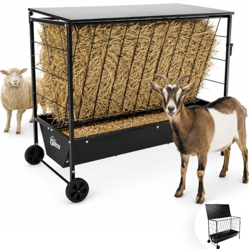 Large Hay Feeder for Goats with Roof, Wheels and Handles, Covered 2-in-1 Galvanized Steel Goat Hay Feeder Trough, 50 Gallon Rack and 20 Gallon Grain for Horse Sheep Cattle Alpacas Livestock