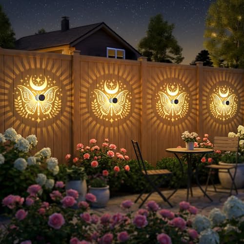 Gardsee Solar Fence Lights Outdoor 2 Pack Deck Step Wall Lights Butterfly Metal Waterproof LED Warm Yellow Light for Garden Post Patio Backyard Yard Decor (Black 1) - style: black 1