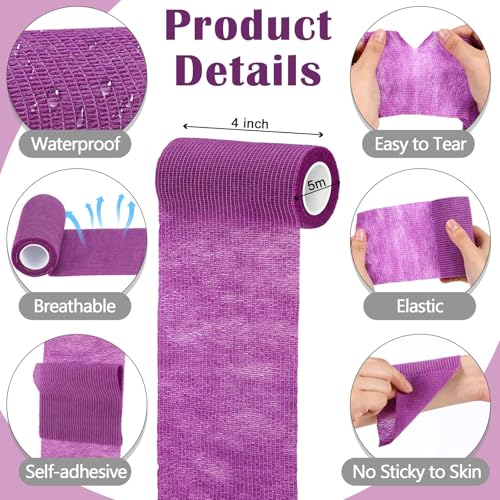 Treela 36 Pcs Self Adherent Bandage 4" X 5 Yard Wrap Breathable | Cohesive Bandage Elastic Adhesive Tape for Stretch Athletic Sports Wrist Ankle - color: Purple, size: 4" X 5 Yard