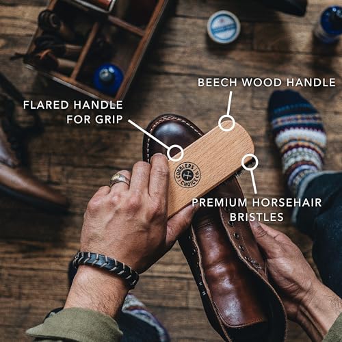 Cobbler's Choice Horsehair Shoe Brush - Premium Shoe Shine & Polish Brush | Horsehair Brush for Shoes & Boots - Buffs, Shines & Cleans Leather with a Concave Beech Wood Handle for a Comfortable Grip - color: Tan