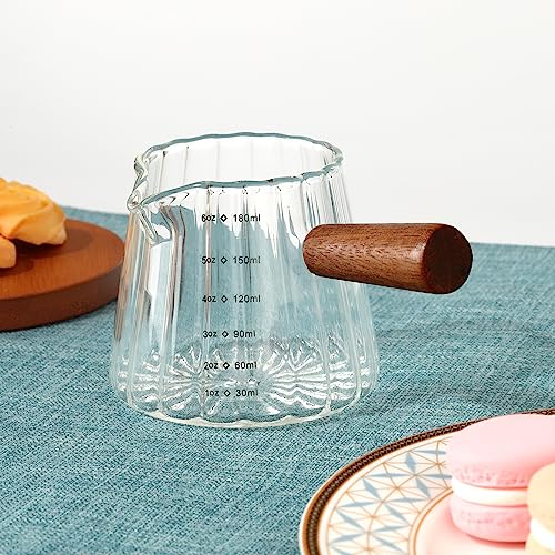 Joeyan 6 oz Glass Measuring Cups with Spout,Borosilicate Glass Triple Pitcher with Scale,Origami Style Espresso Shot Glasses with Wood Handle for Coffee Milk,Dishwasher Safe - color: 6 Oz Single Spout Clear Measuring Cup