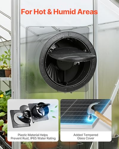 VEVOR Solar Powered Fan, 25W Solar Panel with 220 CFM Airflow, Adjustable Panel Angle, 2030 RPM High-Speed, Flexible Install, Fast Air Exchange for Greenhouse, Grow Tents, Chicken Coops, Shelters - size: 9.8" Fan×1 -25W