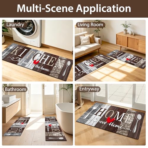Kitchen Rugs Set 3 Piece, Non Slip Kitchen Mats for Floor, Soft Fabric with Rubber Backing, Farmhouse Anti Fatigue Runners Carpet for Home Kitchen Laundry Room Hallway Rustic Dark Brown & Grey - color: Rustic Dark Brown & Grey