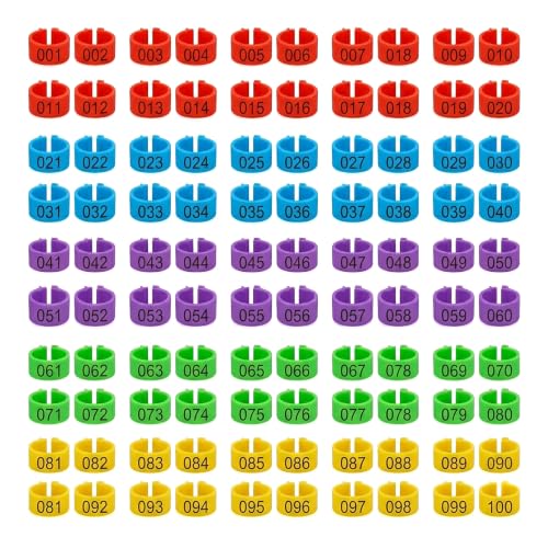 100 PCS 16mm Bird Leg Bands, Numbered Mixed Color Clip On Poultry Rings, Pigeon Quail Identification Bands for Bantam Chickens Canary Lovebirds Small Birds