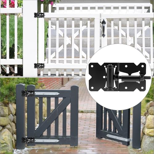 QWORK Heavy-Duty Self-Closing Gate Kit - 2 Sets, Hinges and Latch, Gate Hardware Kit, Includes 2 Latches, 4 Hinges