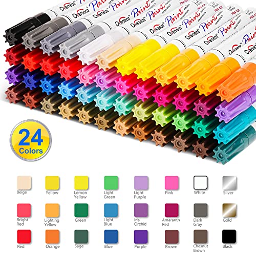 Overseas 24 Colors Paint Pens, Oil Based Permanent Paint Markers Medium Tip | Waterproof, Quick Dry, Fade Resistant, Assorted Colors Marker Pen for Metal, Rock, Wood, Rubber, Plastic, Glass, Canvas - size: 1 Count (Pack of 24)
