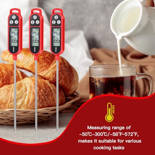 6 Pcs Instant Read Meat Thermometer Long Probe,Red | Probe Waterproof Digital Thermometer, For Cooking BBQ Water Milk Liquids, Quick Accurate Food Temperature - color: Red
