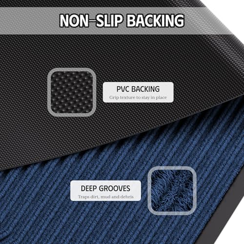 Dirt Trapper Door Mat 3' x 5', Non-Slip Heavy Duty Outdoor Mat, Absorbent Fade Resist, Low Profile Commercial Floor Mat, Durable Indoor Outdoor Front Door Mat for Mud Wet Shoes & Paws, Blue - color: Blue Striped, size: 3' x 5'