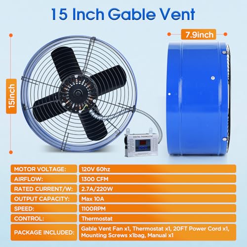 15" Attic Exhaust Fan with Thermostat - 1300CFM Gable Vent Fan with Thermostat Covers 1850 Sq.ft, Plug-and-Play Gable Attic Fans with 20FT Power Cord & 60Hz Motor Low Noise for Home Garage Shed - size: 1300CFM