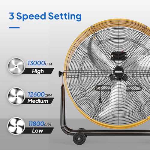 Bonnlo 30 inch Industrial Drum Fan, 13000CFM High Velocity Metal Floor Fan with Handle, 3-Speed, 360° Tilt, Heavy Duty, Air Circulator for Shop, Garage, Gym, Barn, Commercial, Yellow - size: 30'' (Yellow)