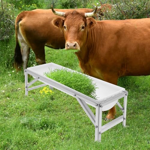 9.25 Gal Livestock Feed Trough with Stand, Heavy Duty Galvanized Steel Goat Feeder Trough for Sheep Horse Cattle, Raised Large Capacity Farm Animal Feeding Pan - color: Silver+White