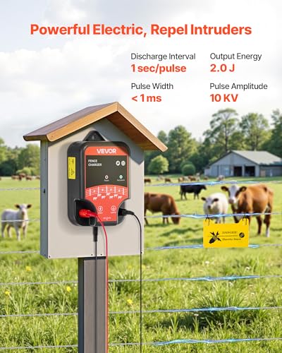 VEVOR Electric Fence Charger, 10kV 2J, AC DC Electric Fence Energizer with LED Indicator, 1.86 Miles Range, Powerful Plug-in Fences Charger, Prevents Wild Animals Intrusion for Livestock Poultry - style: 2J