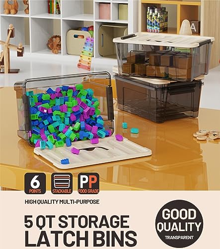 WYT Small Clear 5-Quart Plastic Storage Container Bin with Khaki Secure Lid and Black Latch Buckles, Durable Stackable Nestable Organizin, 6-Pack - color: Khaki