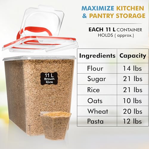 Shazo 2 PC (11L | 372 oz) Flour Sugar Storage Containers with Spout Lid & Easy Carry Handle - BPA Free Extra Large Airtight Food Storage Containers with Lids - Rice Canisters Sets for Kitchen & Pantry - color: Red