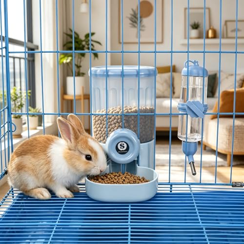 Sangle Sopffy Rabbit Feeder and Water Dispenser Set, Gravity Food Bowl with Water Bottle for Cage, Small Animal Feeding Station for Bunny, Guinea Pig, Chinchilla, Ferret, Hedgehog, Blue 2-Piece Set - color: blue
