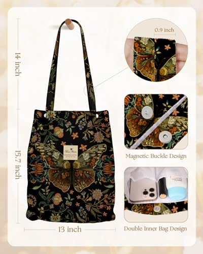 Miss Adola Corduroy Tote Bag for Women with Aesthetic Design | Magnetic Buckle & Pocket, Reusable, Soft, Roomy, Long Shoulder Handles, Double-sided Print, Casual Daily Work, Grocery Bags - color: Floral Butterfly, size: Large