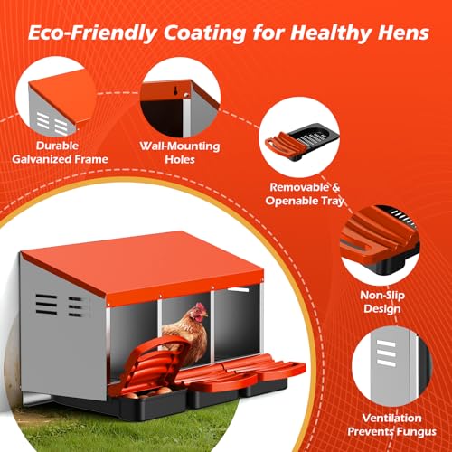 Chicken Nesting Boxes, Roll Away Laying Nest Box for Hens, 3 Compartments | Rollout design with removable drawer for easy egg collection and cleaning, built with durable galvanized steel, Orange - color: Orange-Red