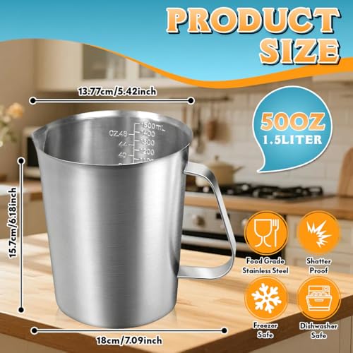 Stainless Steel Measuring Cup 50oz (6 Cup / 1.5L), Heavy Duty Liquid Measuring Pitcher with Handle & Engraved Markings, Metal Measuring Cup for Coffee, Milk, Baking & Frothing - size: 50oz/1500ml