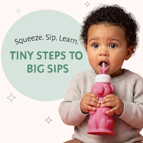 Legendairy Milk Honey Bear Straw Cup Silicone for Babies (Pink), 8 oz. Dishwasher Safe Baby Straw Cup, Food Grade Silicone, Honeybear Sippy Cup for Ages 4+ Months (Pack of 2) - color: Pink