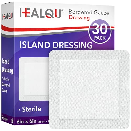 HEALQU Island Dressing - 6"x6", 30 Count - Bordered Gauze Sterile Individually Wrapped Gauze Pads, Water-Resistant, Non-Woven Backing - Soft and Breathable Wound Dressing for First Aid and Medical - size: 6x6" (30 Pack)