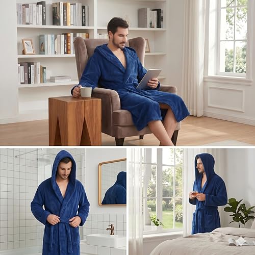 FashGudim Mens Hooded Robe Plush Shawl Collar Kimono Bathrobe Soft Warm Flannel Fleece Spa Robes House Coat Pajamas - color: Navy, size: Large-X-Large