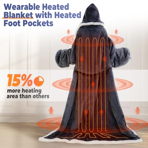 Wearable Heated Blanket with Foot Pocket, Electric Wearable Throw Blanket with Sleeves, Hood, Portable Heated Blanket with 8 Heat Settings, 1-10 Hours Auto Shut-off, Gift for Family, Friends, 50*70" - color: Grey