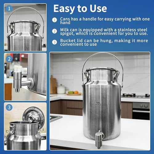 2.6 Gallon Water Dispenser,304 Stainless Steel Milk Can with Spigot,10L Water Jug,Airtight Food Storage Bucket,Leak-proof Liquid Storage Container with Tight Lid and Long Swivel Handle,Oil Pail