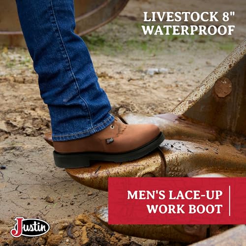 Justin Livestock 8" Waterproof Work Boots for Men - size: 9.5 Wide