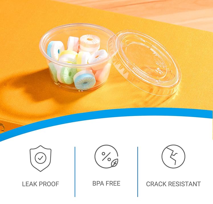 Clear Disposable Plastic Portion Cups with Leakproof Lids | 2 Oz, 100 Sets | BPA Free, Recyclable Jello & Dipping Sauce Cups - style: 2 OZ