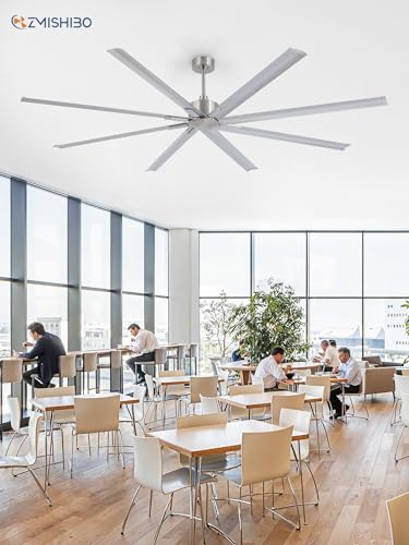 ZMISHIBO 96 Inch Industrial Ceiling Fan without Light, 8 Aluminum Blades | DC Motor, Damp Rated, 6 Speeds, Remote Control, 3 Downrods, Flat/Sloped Ceiling, Commercial, Farmhouse, Garage, Warehouse - color: Nickel, size: 96inch