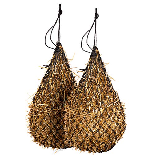 Majestic Ally 2 pcs Slow Feed 42” Hay Net for Horses, Strong Small 2x2” Holes, Nylon Rope Hanging, Adjustable Travel Feeder for Trailer and Stall, Simulates Grazing, Reduce Waste - color: BLACK