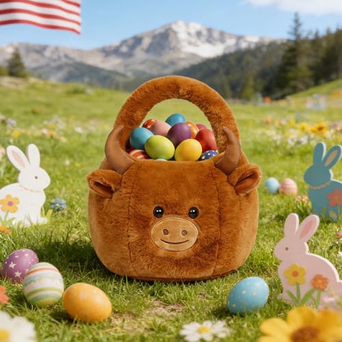 Easter Basket, Easter Baskets for Kids, Highland Cow Baskets with Handle for Gifts Empty, Bunny Egg Hunting, Basket Stuffers Essentials - color: Highland cow
