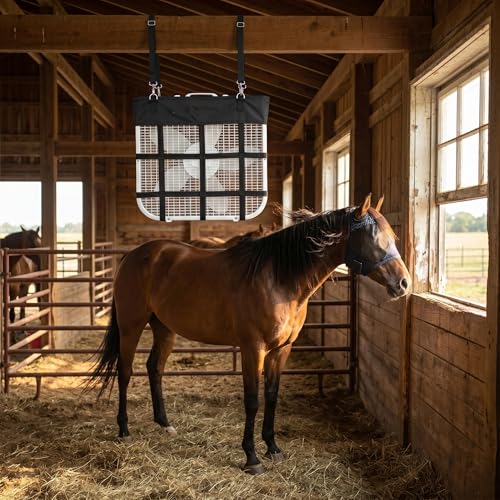 Box Fan Bag for Horse Stall – Heavy Duty Nylon Hanging Fan Holder for 20" x 20" Box Fans, Mesh Ventilated Cover with Snap Strap Hangers for Barn, Stable, Trailer, Farm, Livestock (2 Pack) (Black)