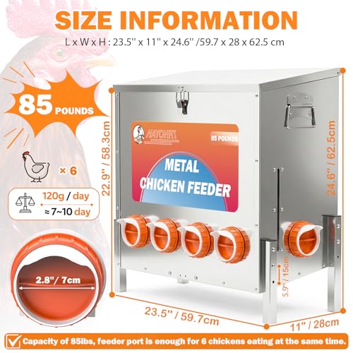 85 Pounds Automatic Chicken Feeder 6 Ports Large Gravity Fed Chicken Feeder with Adjustable Legs Perspective Window Latch & Handle for Chickens Bantams Pheasants - size: 6 Ports - 85-120 LBS