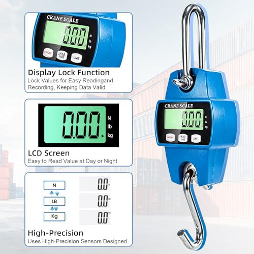Digital Hanging Scale, 1100lb/500kg Crane Scale | Small Crane Scale with LCD Display and Hooks, Aluminum Alloy Body for Hunting, Outdoor, Fishing, Farm (Blue) - color: Blue-1100lb