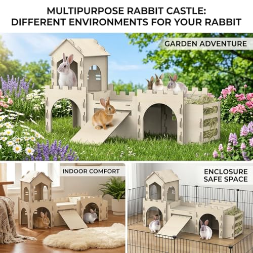 Large Bunny House and Hideouts, Wooden Dual-Layer Rabbit Castle with 4 House Indoor, Sturdy Habitat for Guinea Pig Chinchilla Ferret (Extra Large-4 House with Hay Feeder)