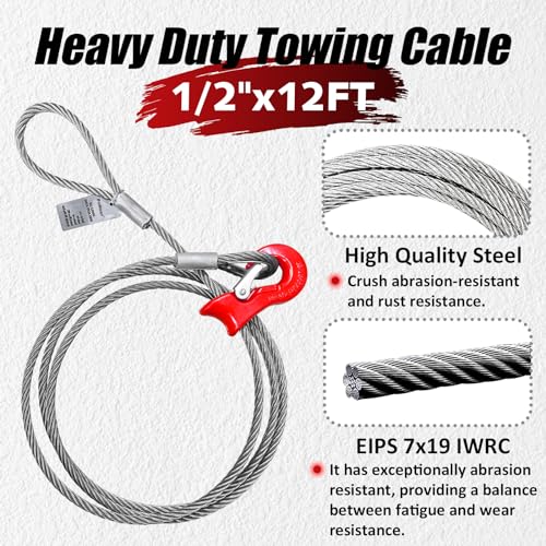 Single Leg Wire Rope Sling, 1/2" x 12' Log Choker Cable Rigging | 10.3T Capacity, EIPS 7x19 IWRC, Flemish Loop & Turnback Eye w/Thimbles, 2 Forged Metal Sleeves, Sliding Choker Hook Design - size: 1/2"x12'(10.3Ton)