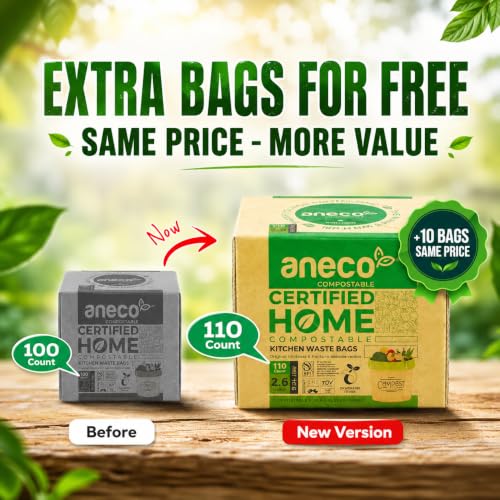 (Include 10 Bonus Bags) ANECO 100% Compostable Waste Bags 2.6 Gallon | Extra Thick Kitchen Small Compost Bags for Countertop Bin, 110 Count (100 + 10 Extra) - color: 2.6 GAL (Flat Top Bags, 100 Count)