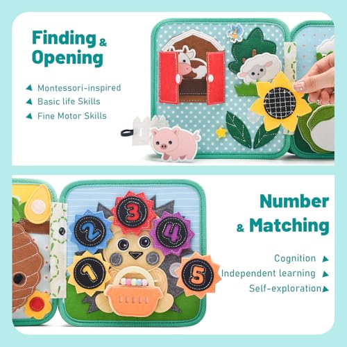 Montessori Busy Book for Toddlers 1-3, Felt Quiet Book & Busy Board for Preschool Learning, Fine Motor Skills & Sensory Play, Educational Travel Toy and Gift for Kids – Farm Animals Theme, Green - style: Farm-10 Pages