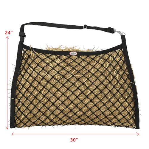 Knotless Ultra Slow Feed Hay Net Set of 2 – 1.5" Openings, Soft on Horse Muzzles, 24"x30", Holds 2 Flakes, Adjustable Hanging Strap with Snap, Ideal for Sensitive Mouths & Slow Feeding