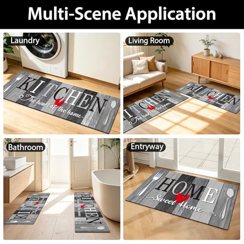 Kitchen Rugs Set 3 Piece, Non Slip Kitchen Mats for Floor, Soft Fabric with Rubber Backing, Farmhouse Anti Fatigue Runners Carpet for Home Kitchen Laundry Room Hallway (Rustic Grey & Black) - color: Rustic Grey & Black