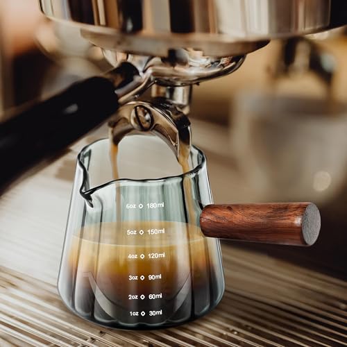 Joeyan 6 oz Grey Glass Measuring Cups with Spout,Borosilicate Glass Triple Pitcher with Scale,Origami Style Espresso Shot Glasses with Wood Handle for Coffee Milk,Dishwasher Safe - color: 6 Oz Grey Single Spout Clear Measuring Cup