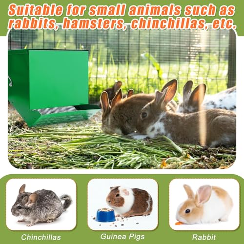 No-Waste Metal Rabbit Feeder for Cages, Large Hanging Food Dispenser with Mesh Bottom & Lid, Holds 5lb Feed for Several Days, Bunny & Small Pets