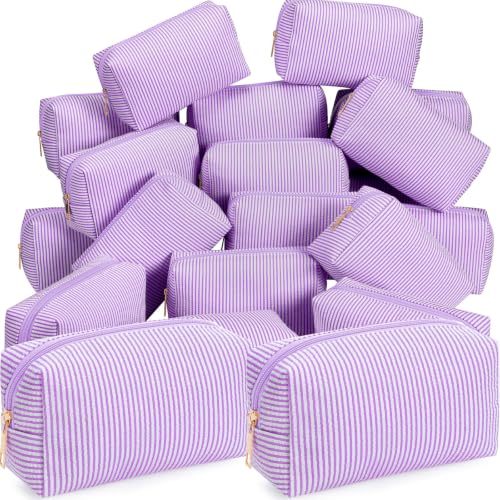 Sanwuta 20 Pcs Seersucker Cosmetic Bags Bulk, Striped Zippered,Purple | Makeup Bags Women Pouch, Large Preppy Storage Toiletry Travel Pouch for Wedding Bridesmaid Bride Favor Back to Teacher Gift - color: Purple