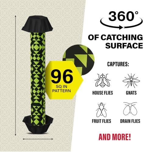 Catchmaster Fly Stick 4-Pack, Sticky Hanging Fly Traps Indoor & Outdoor | High-contrast pattern hides caught flies; Unscented; Captures flies, gnats & insects; Heavy duty glue; Hang or stand