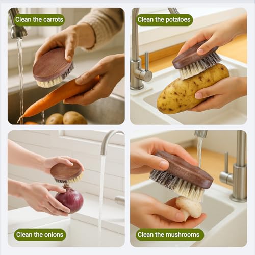 SAMEBUTECO Fruit & Vegetable Cleaning Brushes with Acacia Wood Handle Natural Half Sisal Bristle Half Palm Fibers Bristles Design,Oval Shape Easy Hold,Pack of 2,Brown