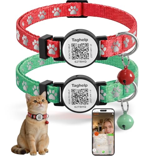 Smart QR Code Cat Collar 2-Pack - Digital Pet ID Tag with Breakaway Safety Design, Reflective Strips & Adjustable Fit for Lost Cat Recovery (Red & Green) - color: Paw pattern - Red & Green