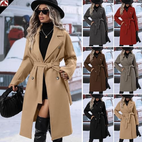 utcoco Womens Long Wool Pea Coat Notched Lapel Double Breasted Trench Coat Winter Warm Overcoat with Belt - color: Camel, size: XX-Large